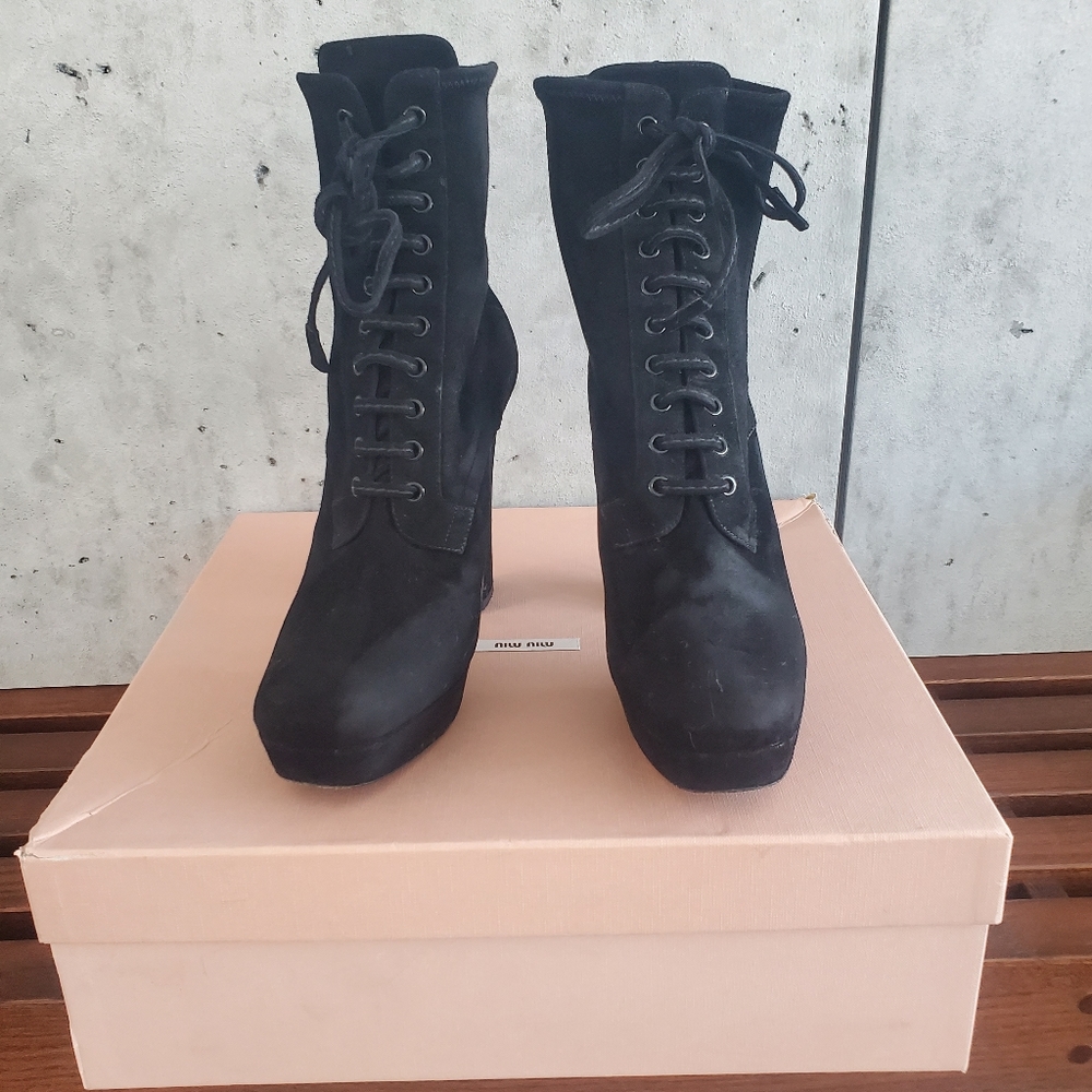 MIU MIU lace-up ankle boots in black suede